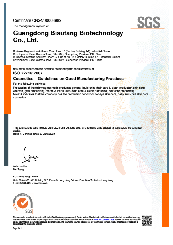 BISUTANG ISO 22716 certificate document